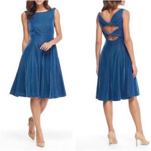 Gal Meets Glam Christine Blue Green Velvet Swing Midi Neckline Formal Dress - Picture 1 of 10